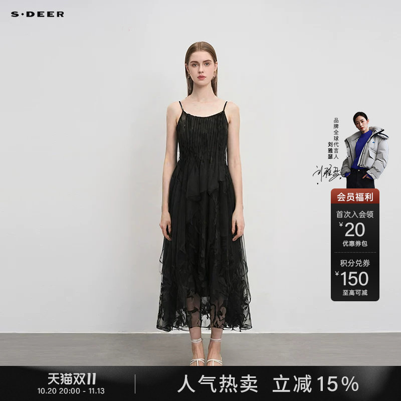 sdeer圣迪奥女装夏装复古网纱绣花风琴褶吊带黑色连衣裙S242Z1285
