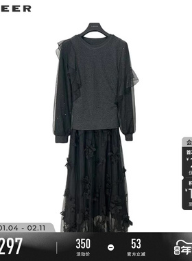 sdeer圣迪奥春秋装女装优雅圆领绣花网纱拼接连衣裙S243Z1250