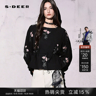 sdeer圣迪奥女装春秋装复古圆领绣花收腰长袖衬衫S253Z0584