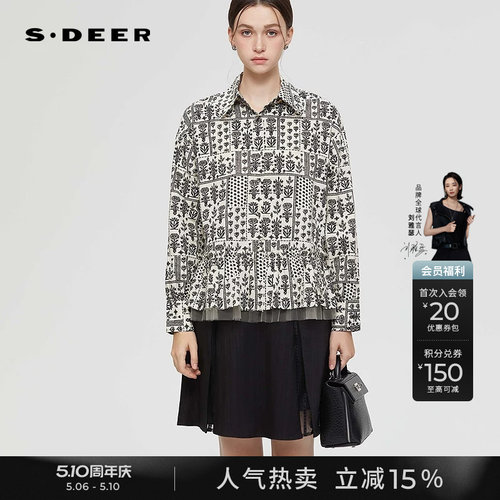 sdeer休闲翻领印花网纱宽松衬衫