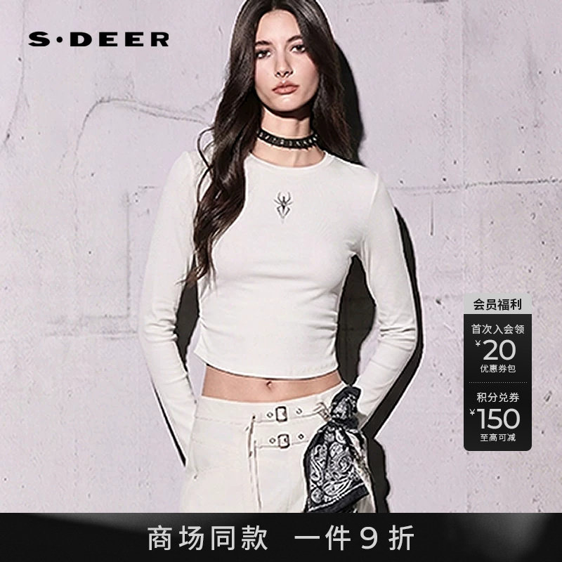 【商场同款】sdeer圣迪奥休闲圆领撞色印花修身短款T恤S26180211