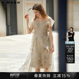 sdeer圣迪奥夏季女装V领印花新中式两件套连衣裙S232Z12W4