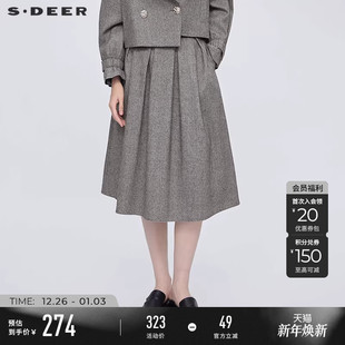 sdeer圣迪奥女装 学院风复古高腰百褶毛呢长裙S253Z1141 25年新品