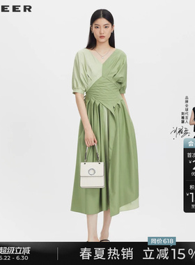 sdeer圣迪奥夏季女装V领撞色泡泡袖雪纺连衣裙S232Z12N6
