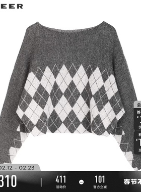 sdeer圣迪奥女装春秋装时尚圆领撞色提花宽松针织衫S253Z3547