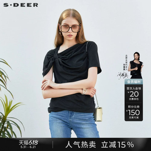 s.deer时尚不规则蝴蝶结短袖T恤