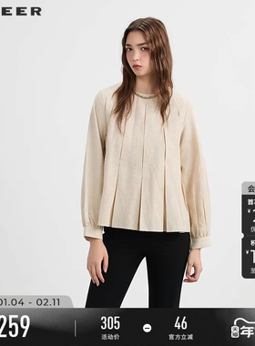 sdeer圣迪奥女装25年新品OL风圆领压褶拼接宽松上衣S253Z2213