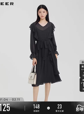 sdeer圣迪奥女装V领黑色收腰雪纺吊带两件套气质连衣裙S223Z127F