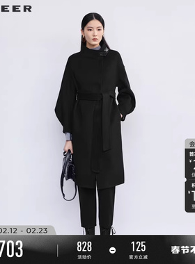 sdeer圣迪奥冬装女立领收腰泡泡袖毛呢长款大衣S224Z2531