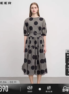 【复古波点】sdeer圣迪奥女新品圆领波点收腰中袖连衣裙S252Z1203
