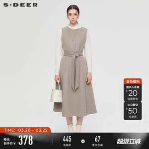sdeer圣迪奥冬装女装OL风圆领收腰毛呢无袖连衣裙S244Z1203