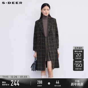 领双排扣格纹毛呢大衣S224Z2512 西装 sdeer圣迪奥冬季 女装