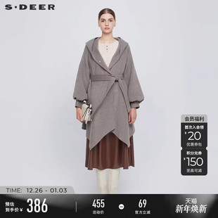 sdeer圣迪奥冬装 廓形毛呢大衣S224Z2503 女连帽收腰泡泡袖