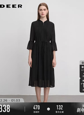 sdeer圣迪奥女装淡人穿搭OLV领风琴褶不规则雪纺连衣裙S242Z12M6