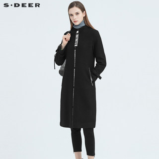 sdeer圣迪奥冬季女装休闲立领织带黑色修身长款毛呢大衣S20481809