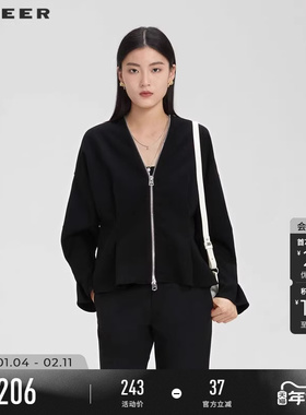 sdeer圣迪奥春装女装立领格纹压褶宽松短款外套S231Z2226