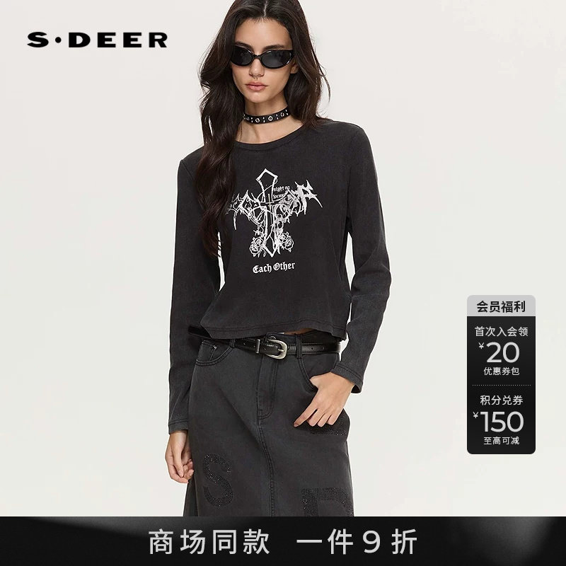 sdeer休闲圆领撞色印花长袖T恤