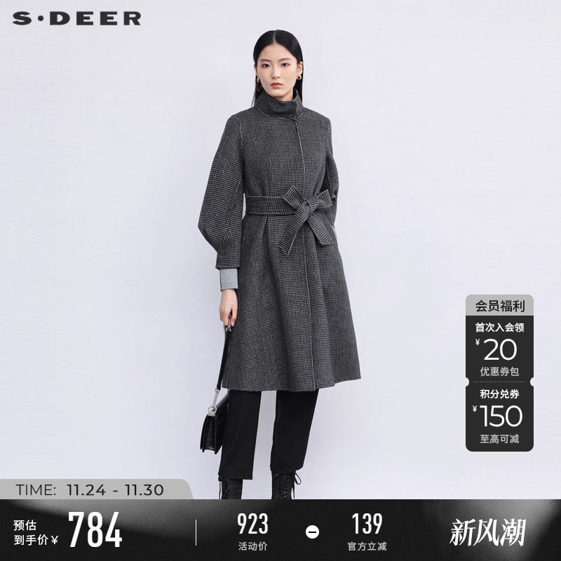 sdeer格纹收腰泡泡袖毛呢大衣