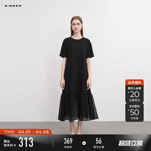 sdeer圣迪奥夏季 时尚 圆领网纱拼接短袖 连衣裙S242Z12J8 女装