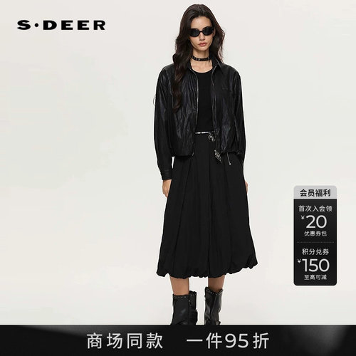 sdeer波嬉圆领收腰露肩连衣裙