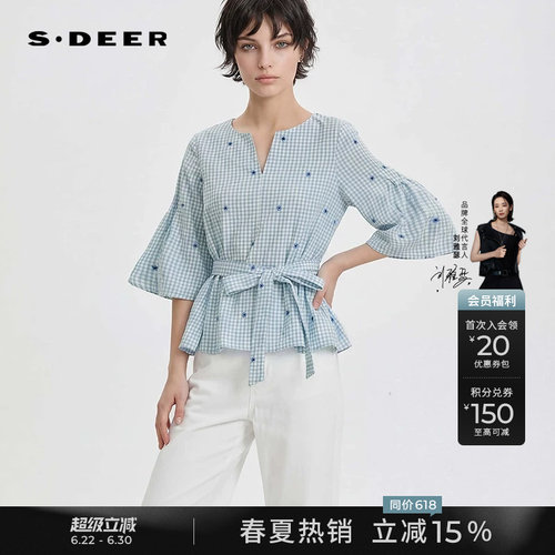 sdeerV领绣花格子收腰喇叭袖衬衫