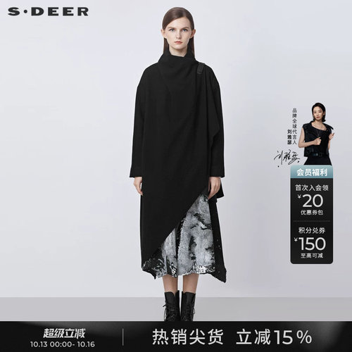 sdeer皮扣不规则黑色毛呢大衣女