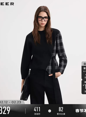 sdeer圣迪奥女装春秋装罗纹圆领撞色格纹收腰针织衫S253Z3518