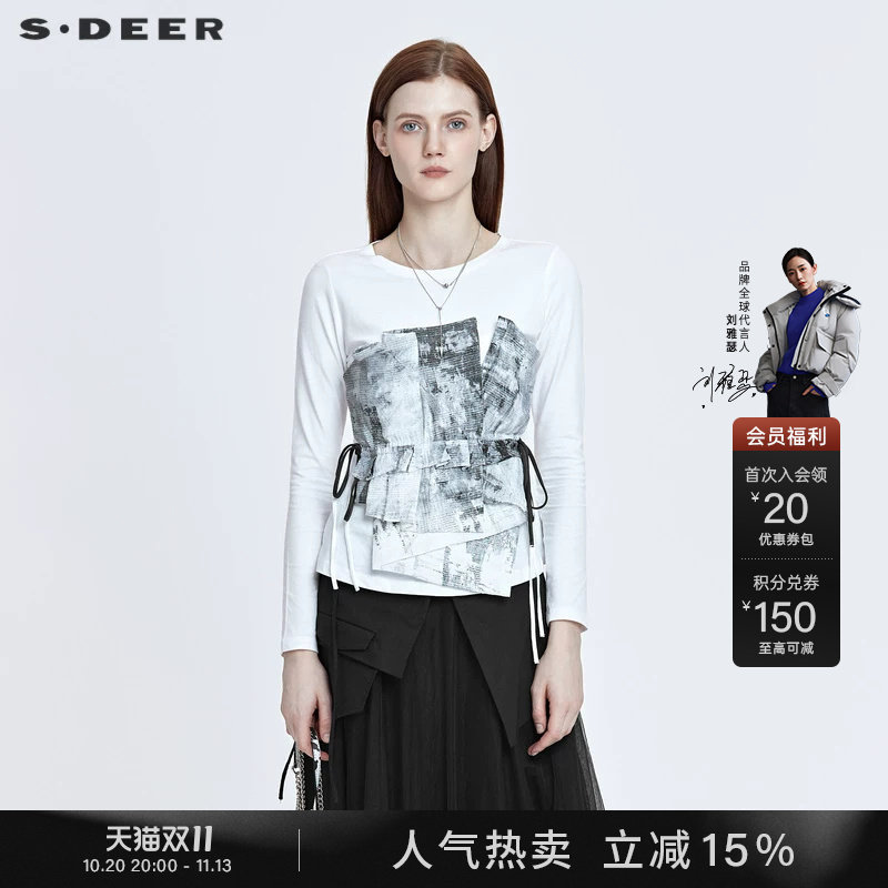 sdeer圣迪奥春装圆领印花不规则拼接收腰长袖基础T恤S21180212