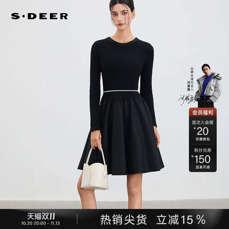 sdeer圣迪奥女装秋冬装优雅圆领针织拼接网纱黑色连衣裙S254Z1210