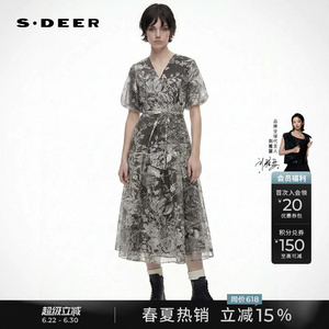 sdeer圣迪奥夏季女装V领收腰印花网纱泡泡袖连衣裙S24281271