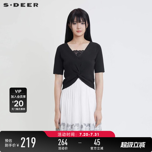 S24283517 sdeer圣迪奥夏季 女装 V领蕾丝交叉拼接修身 针织衫