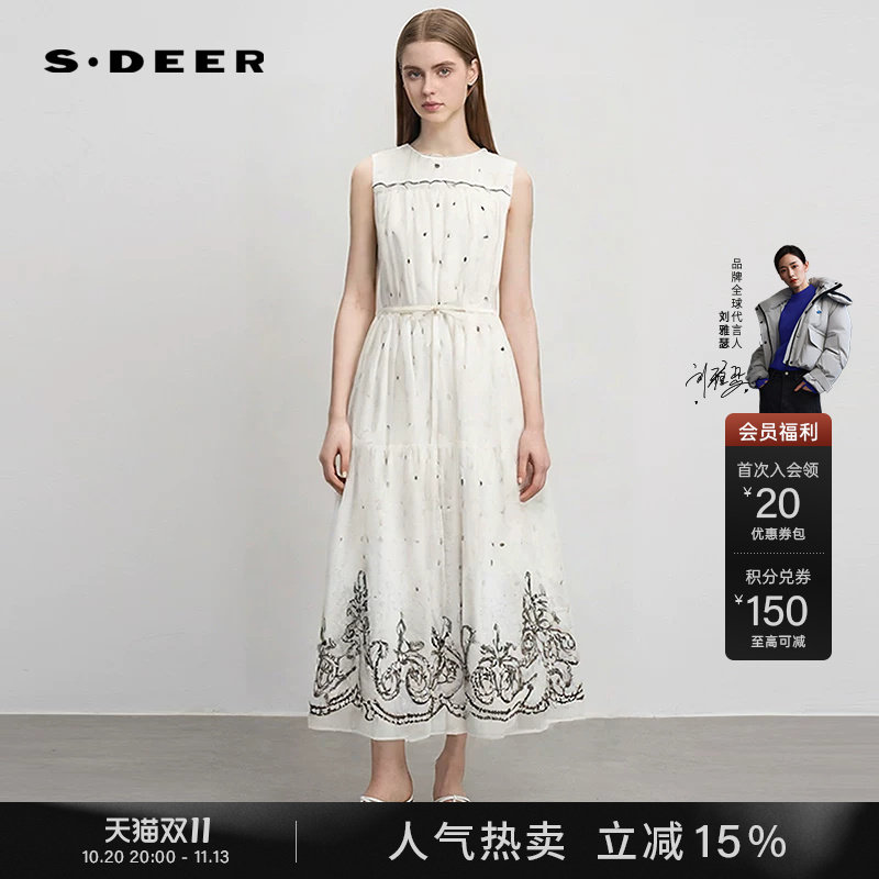 sdeer圣迪奥女装夏季圆领波点绣花收腰无袖连衣裙S252Z1209