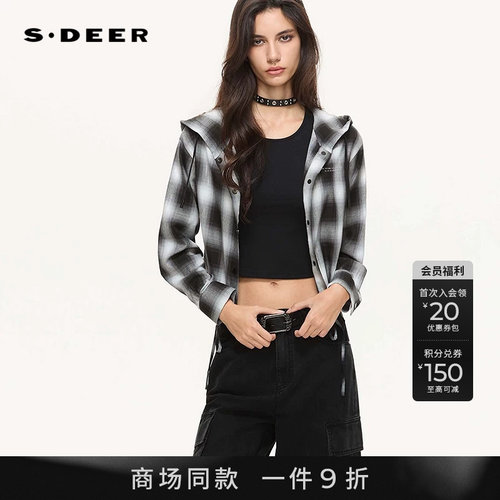 sdeer学院抽绳连帽格纹字母衬衫