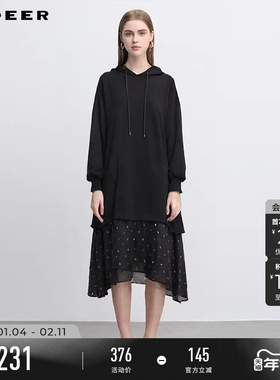 sdeer圣迪奥冬装女装抽绳连帽网纱波点雪纺拼接连衣裙S244Z1210