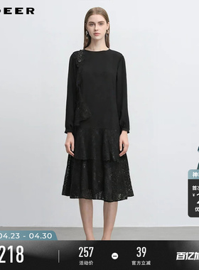 sdeer圣迪奥冬装女装复古圆领荷叶边拼接宽松连衣裙S244Z1208