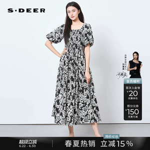 sdeer圣迪奥夏季女装度假风方领印花收腰短袖连衣裙S252Z1293