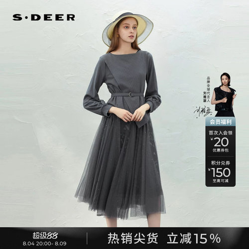s.deer网纱印花收腰针织衫连衣裙