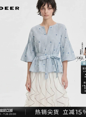 sdeer圣迪奥女装夏季文艺V领绣花格子收腰喇叭袖衬衫S252Z0422