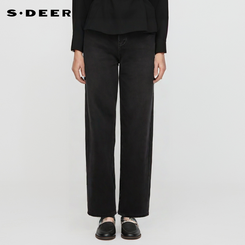 sdeer铆钉插袋做旧牛仔直筒长裤