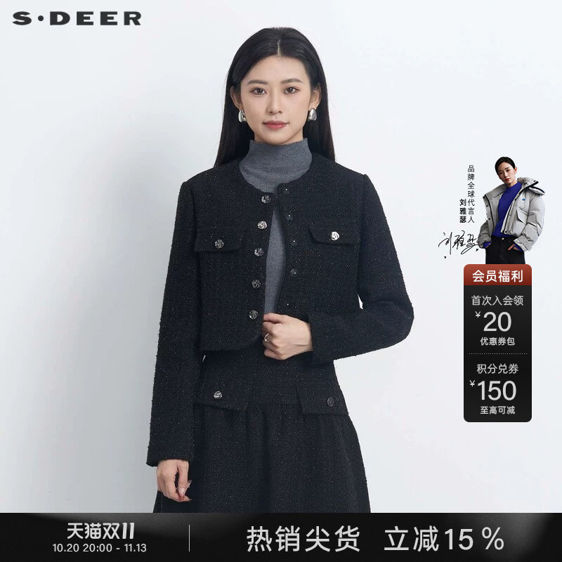 sdeer圣迪奥冬季女装小香风圆领格纹短款绵羊毛毛呢外套S23482205