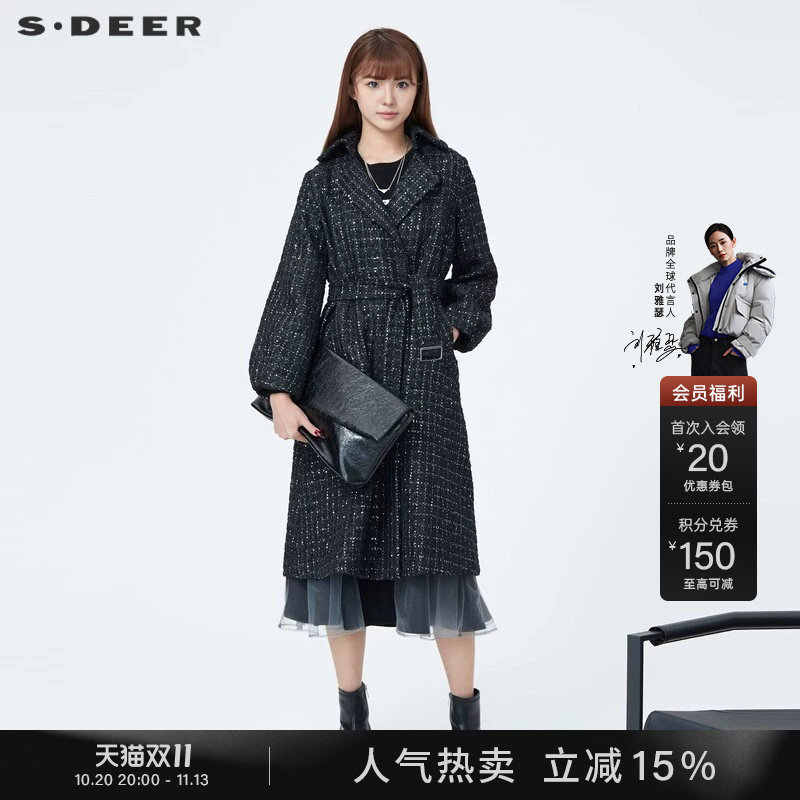 sdeer圣迪奥冬季女装通勤风翻领收腰格纹长款大衣S23481802