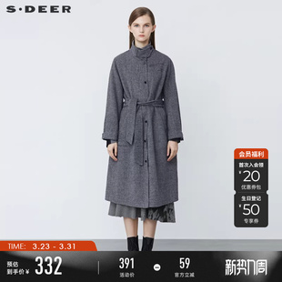 sdeer圣迪奥冬装 立领撞色字母收腰格纹毛呢大衣女S21461823