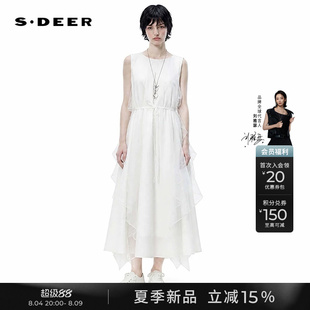 sdeer圣迪奥26年夏季新品网纱拼接荷叶边白色无袖连衣裙S262Z1249