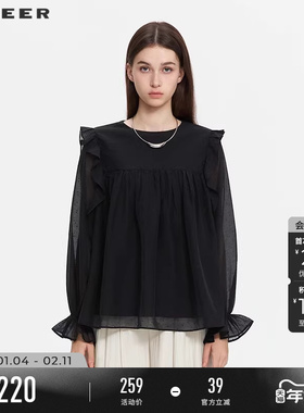sdeer圣迪奥女装25年新品复古圆领荷叶边波点长袖衬衫S253Z0522