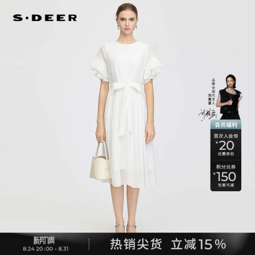 sdeer圆领荷叶边收腰短袖连衣裙
