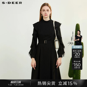 sdeer圣迪奥春秋装女装立领荷叶边网纱收腰连衣裙S231Z1229