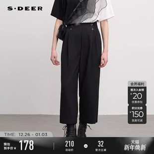sdeer圣迪奥2025春秋装 S241Z0801 松紧拼接高腰压褶格纹直筒长裤