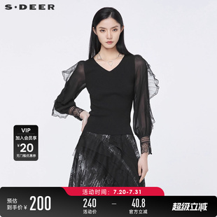 S22183513 sdeer圣迪奥春秋装 女装 复古V领网纱蕾丝拼接修身 针织衫