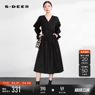V领风琴褶拼接长袖 连衣裙S233Z12V4 女装 sdeer圣迪奥春秋装