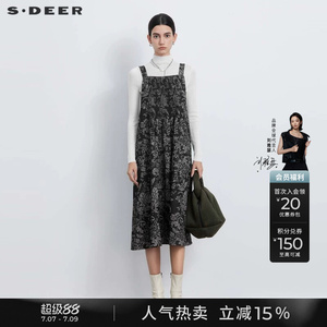 sdeer圣迪奥秋装女装时尚风琴褶印花背带连衣裙S233Z12R6